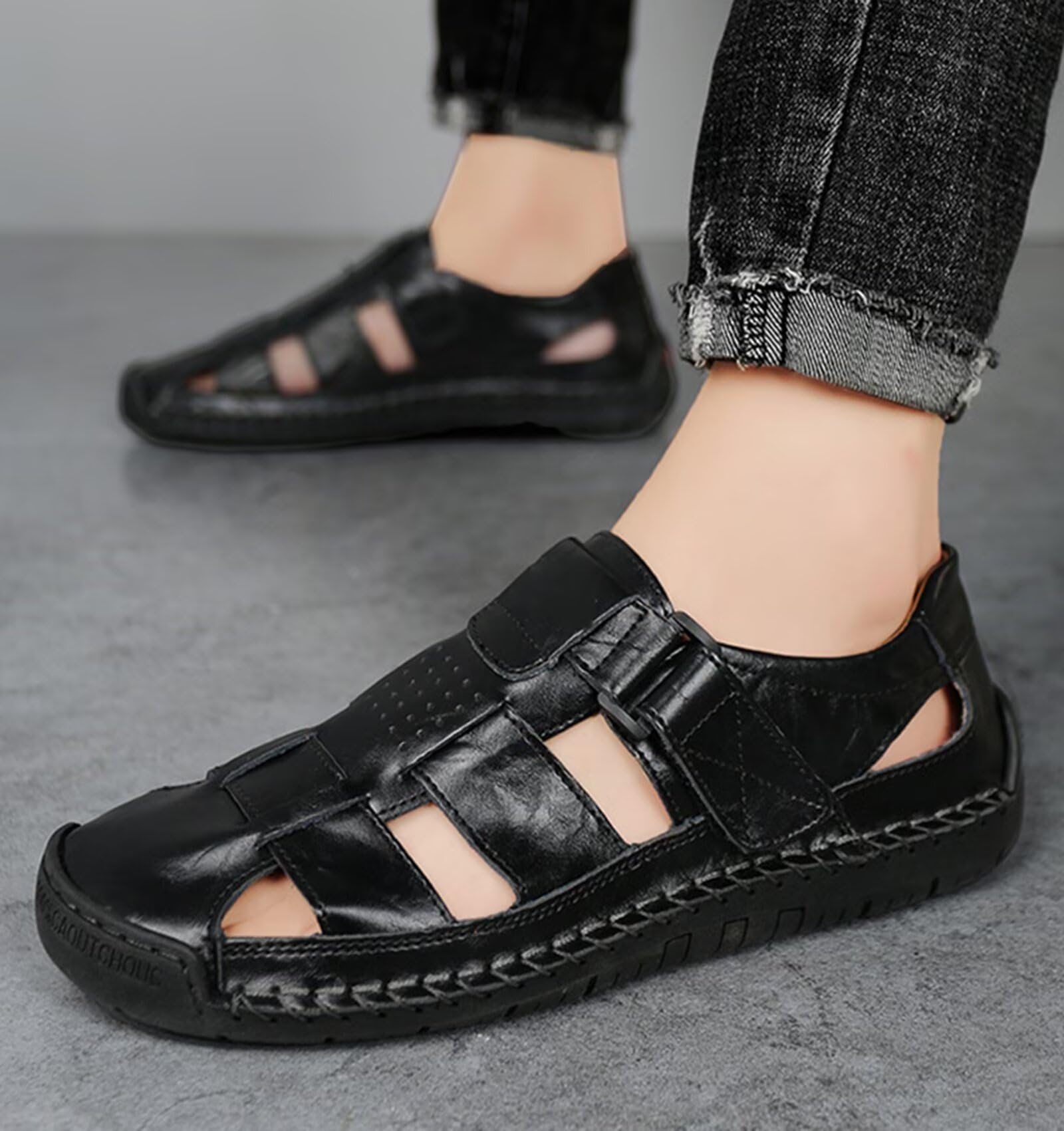 Generisch Herren Sandalen Leder Geschlossen Fisherman Sandalen Sommer Bequeme Freizeitsandalen Herrenschuhe Schwarz Braun