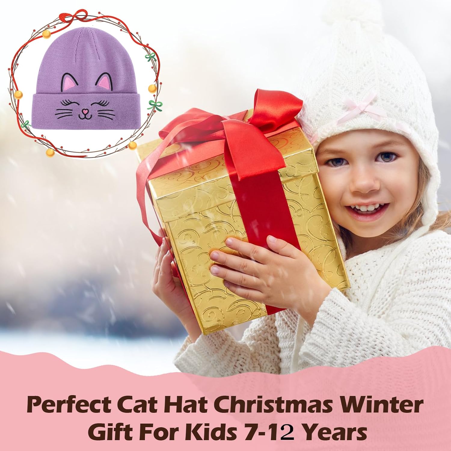 Kids Gils Cat Beanies Cute Embroidery Hats Winter Knitted Hat Unisex Skull Cuffed Skiing Caps Hats 7-12 Years - Image 7