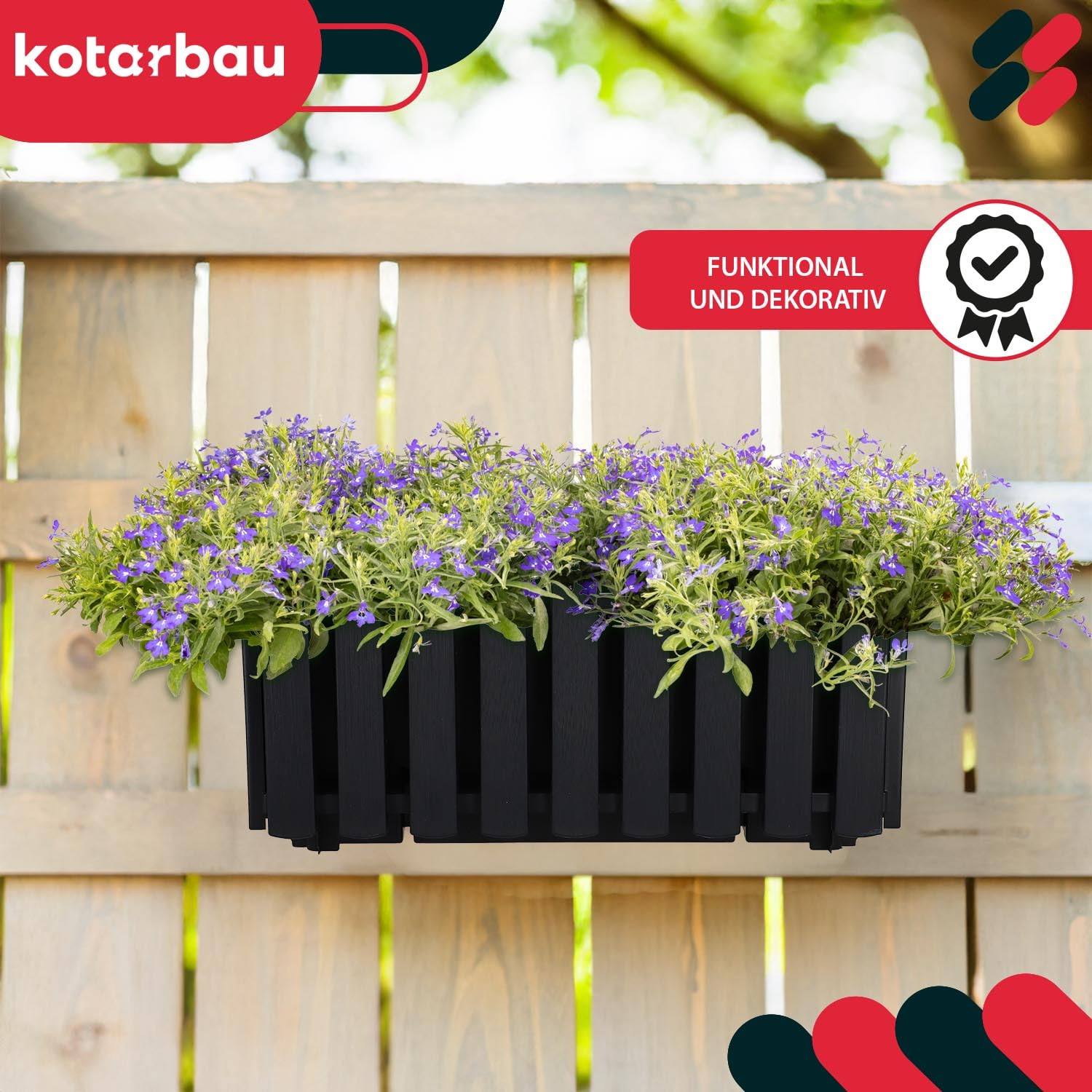 KOTARBAU® 6 szt. Doniczka - Skrzynka Balkonowa - 38 x 18 x 16 cm - na Taras - z Hakami - System Nawadniania - Antracyt
