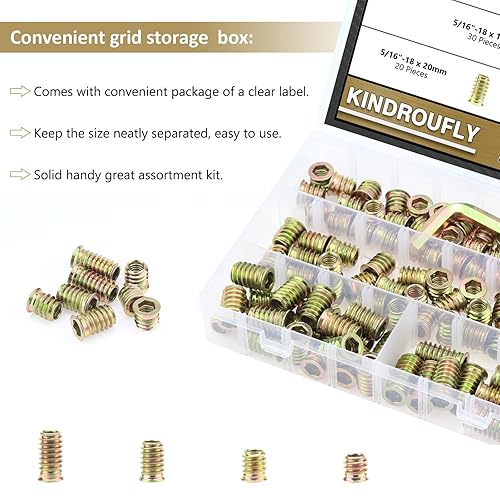 Miniatura 118 de Insertos roscados de 5/16"-0.709 x 0.984 in, acero al carbono chapado en zinc, con llave hexagonal para tornillos de muebles de madera, 26 piezas