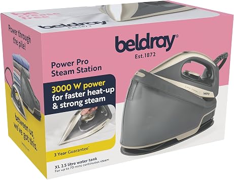 Beldray Power Pro Steam Generator Iron 2.5L, 40g/Min, 3.5 Bar | 3000W output, Ceramic soleplate, Safety locking system, Variable temperature control, Vertical steam function, 70 min use