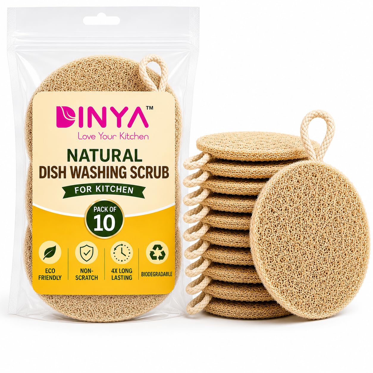Dinya™ Biodegradable Scrubber for Kitchen (Economy Pack of 10) Round Loofah Dish Scrub for Sparkling Clean Surfaces | Non-Scratch, Sustainable, Quick-Dry & Reusable | Ideal for Kitchen, Cookware & Sink Cleaning-picture-54