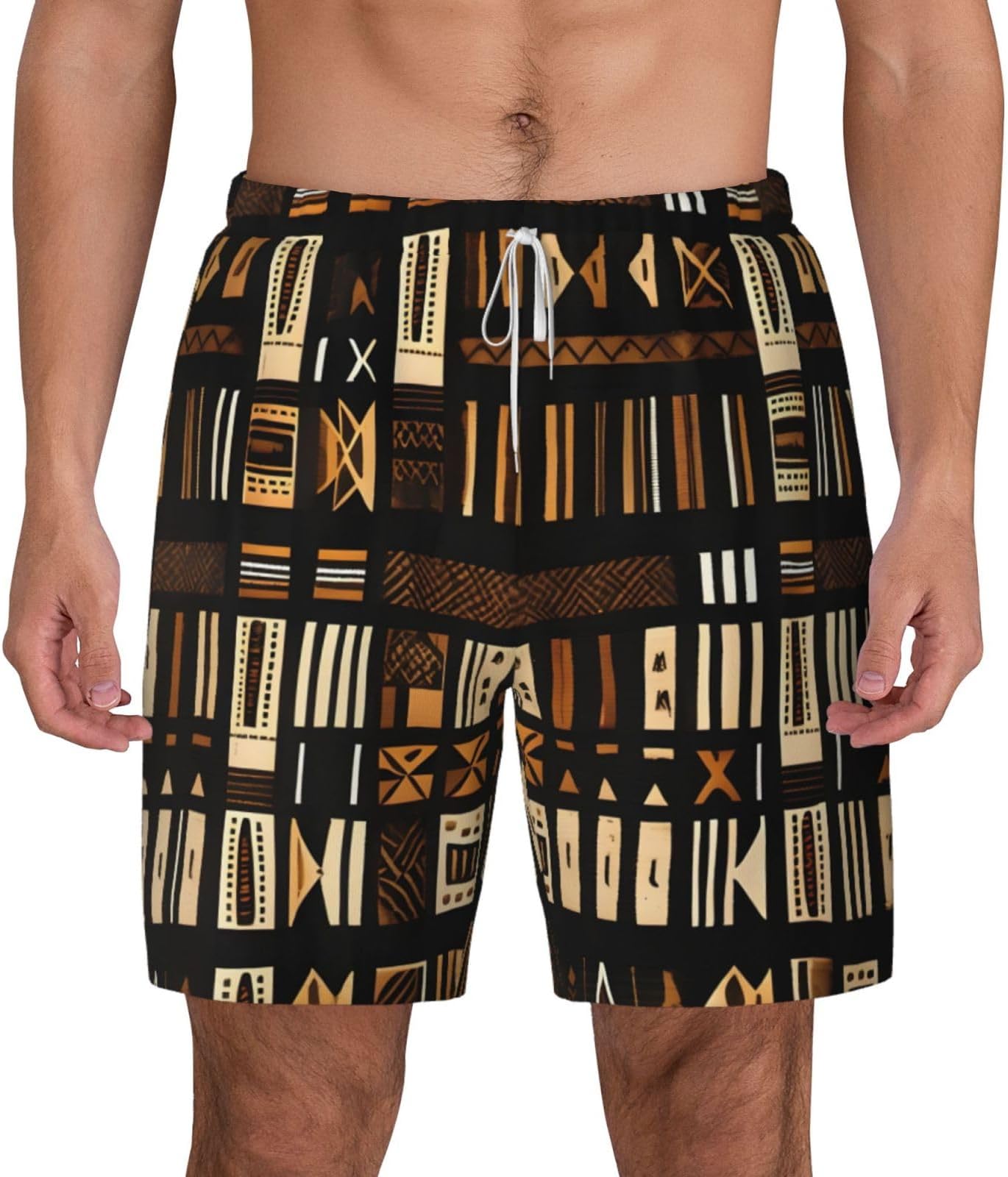 African Mud Cloth Tribal Print Mens Swim Trunks with Compression Liner Casual Shorts Summer Beach Quick Dry Shorts