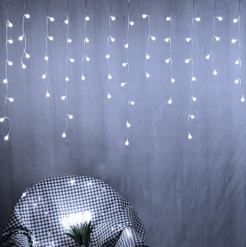 Miniatura 7 de YOLIGHT Luces de cortina de hadas, USB  pilas, luces de carámbano de bola de 13 pies, 96 luces LED colgantes para dormitorio, dormitorio, boda,