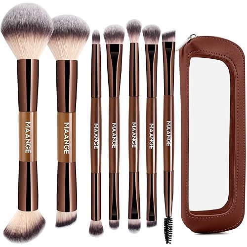 MAANGE 7 PCS Foundation Makeup Brush Set With Bag, Make up Brushes, Eyeshadow Concealer Brush, Double-ended Foundation Contour Powder Blush, Professional Face brush Set Tools For Liquid,Cream(Apricot)