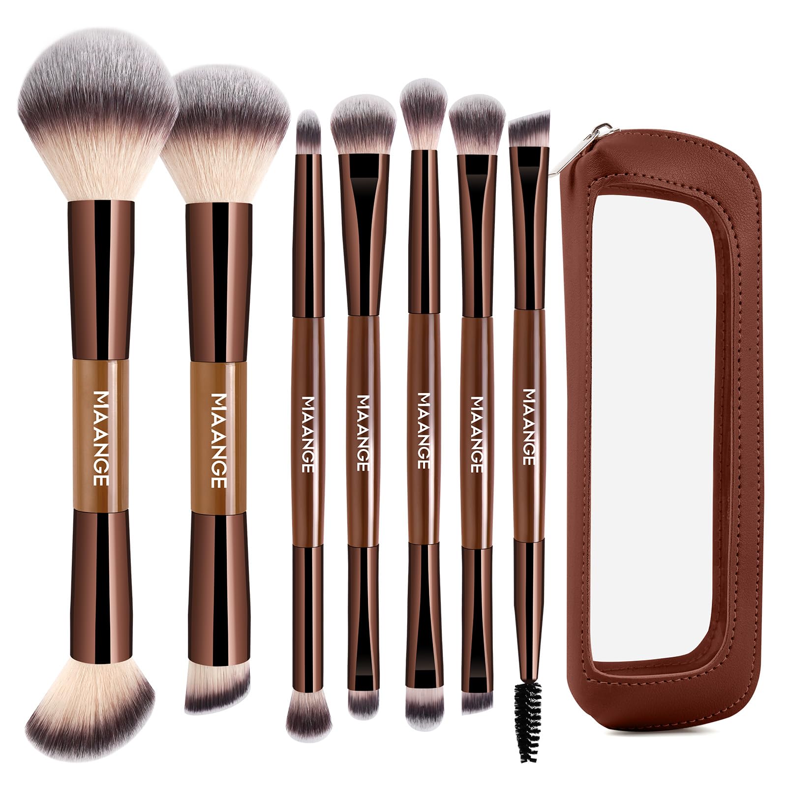 MAANGE Makeup Brushes Set, 7 PCS Premium Double-Ended Makeup Brush Foundation Contour Blush Blending Concealer Eyeshadow Brush Set Professional Make Up Brush Set (Coffee)