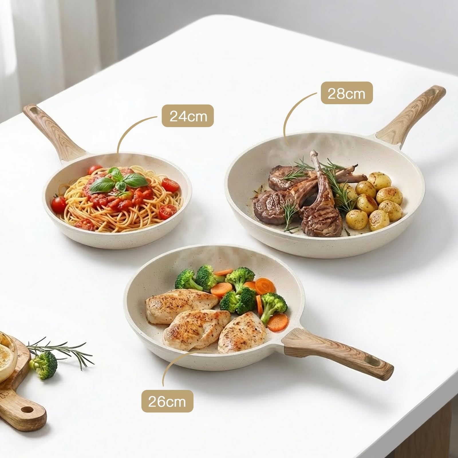 GiPP Sartén Antiadherente de Cerámica con Tapa，Sartenes para freír Saludable y No Tóxica,Compatible con Inducción,Libre de PFAS y PFOA,Apta para Lavavajillas（Blanco,24cm+Tapa）