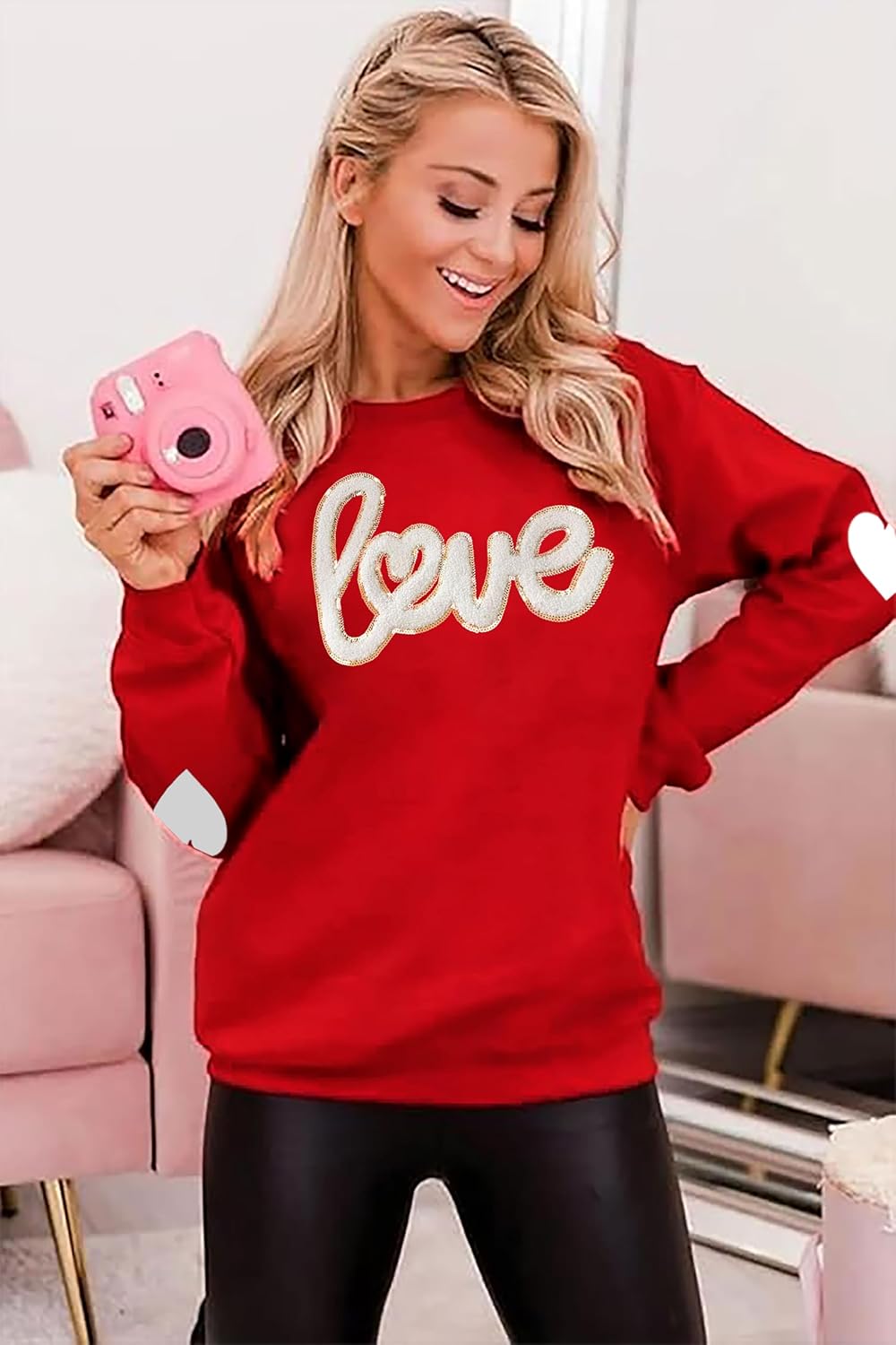 Valentine's Sweatshirt Women Love Heart Graphic Pullover Top Chenille Patch Valentines Gifts Shirt - Image 5