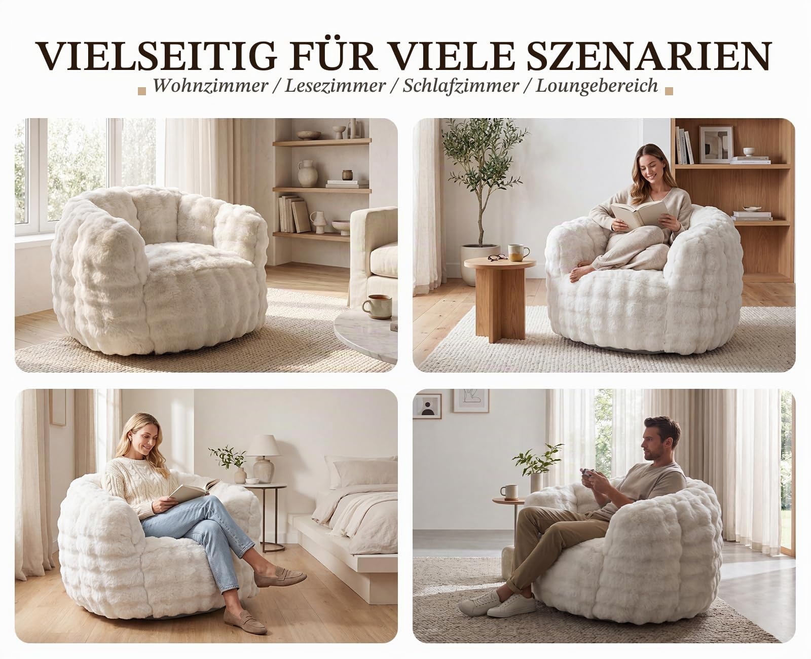 Sitzsack für Erwachsene, Bean Bag Sofa aus Kunstfell, Weiß