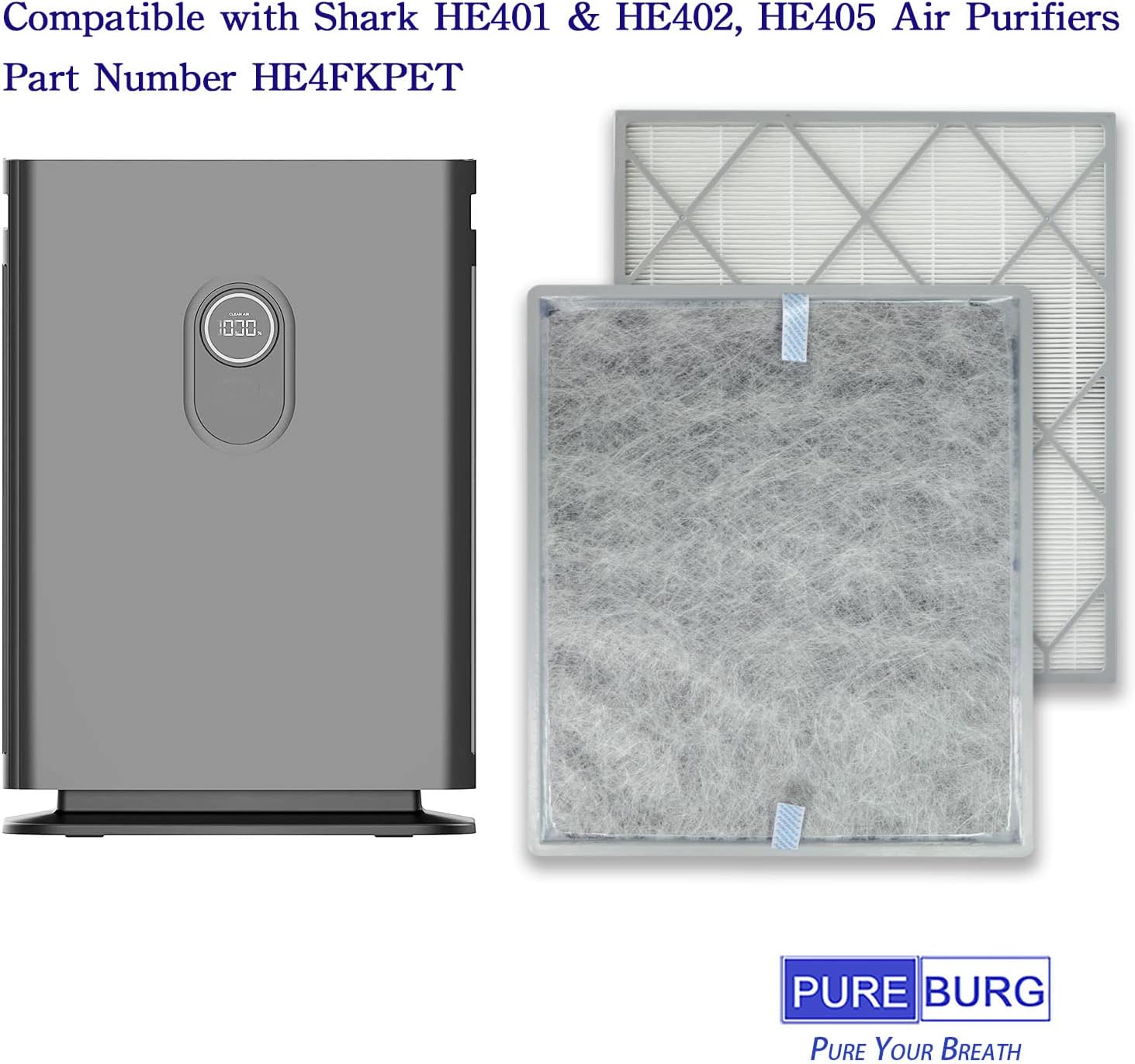 PUREBURG Replacement Filter Compatible with Shark HE401 & HE402 HE405 Air Purifiers HE4FKPET,H13 HEPA Activated Carbon 4-Stage Filtration 1-Pack