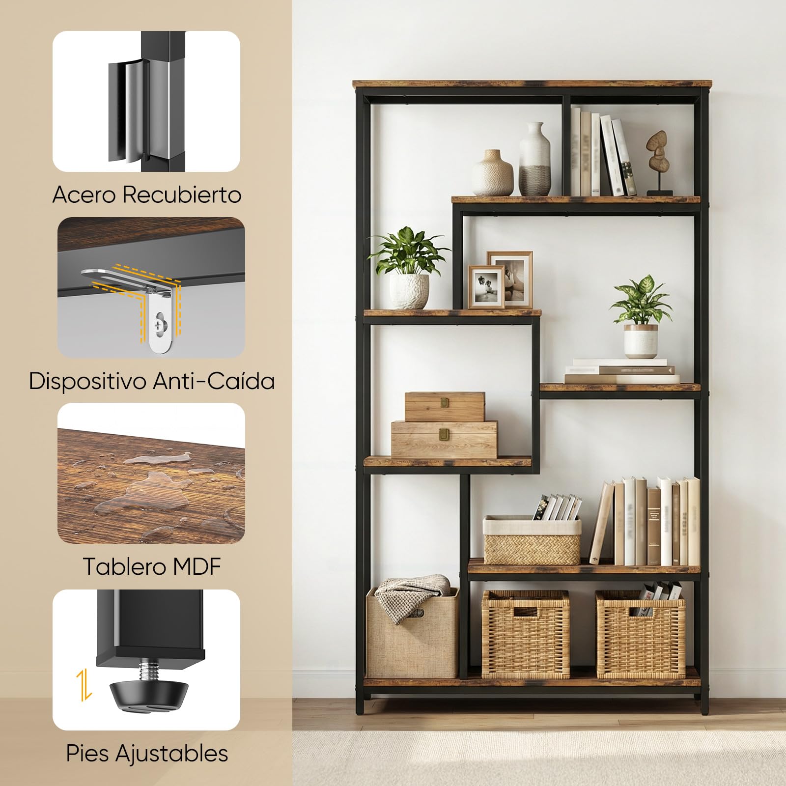 HOKEEPER Estantería Abierta Industrial de 7 Niveles, Librero Rústico Resistente a Cargas Pesadas, Soporte de Almacenamiento para Sala de Estar, Dormitorio, Oficina, Pasillo