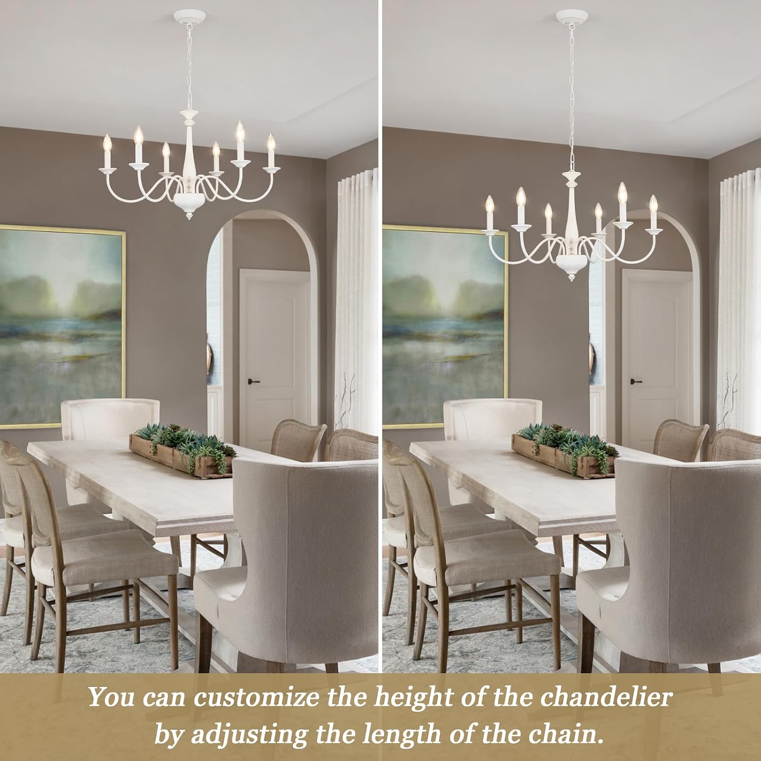 Generies French Country Chandelier, 6-Lights Rustic Farmhouse Chandelier for Dining Room, White Vintage Candle Chandelier Light Fixture for Living Room Bedroom Kitchen