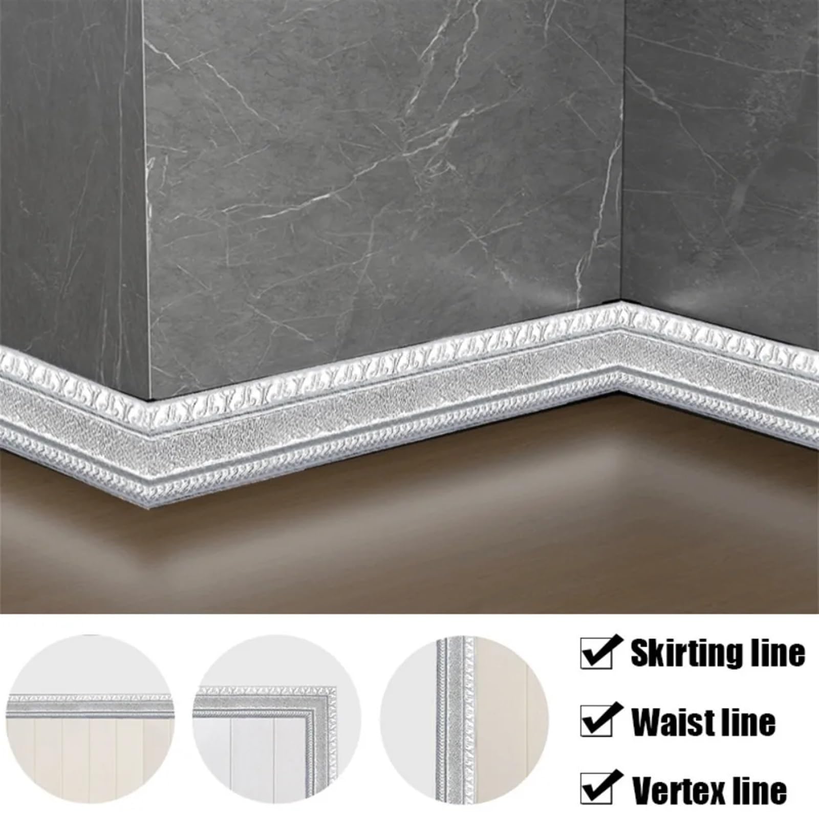 Finiture Del Battiscopa 2 pezzi 230 cm 3D Pattern Wall Trim Line Battiscopa Bordo Decor Autoadesivo for Casa Impermeabile Rimovibile Flessibile Adesivi(White Oak)