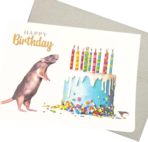 Tarjeta de cumpleaños de ratón con sobre (7 x 5 pulgadas, 1 tarjeta, interior en blanco), tarjeta de feliz cumpleaños para propietarios de ratones -