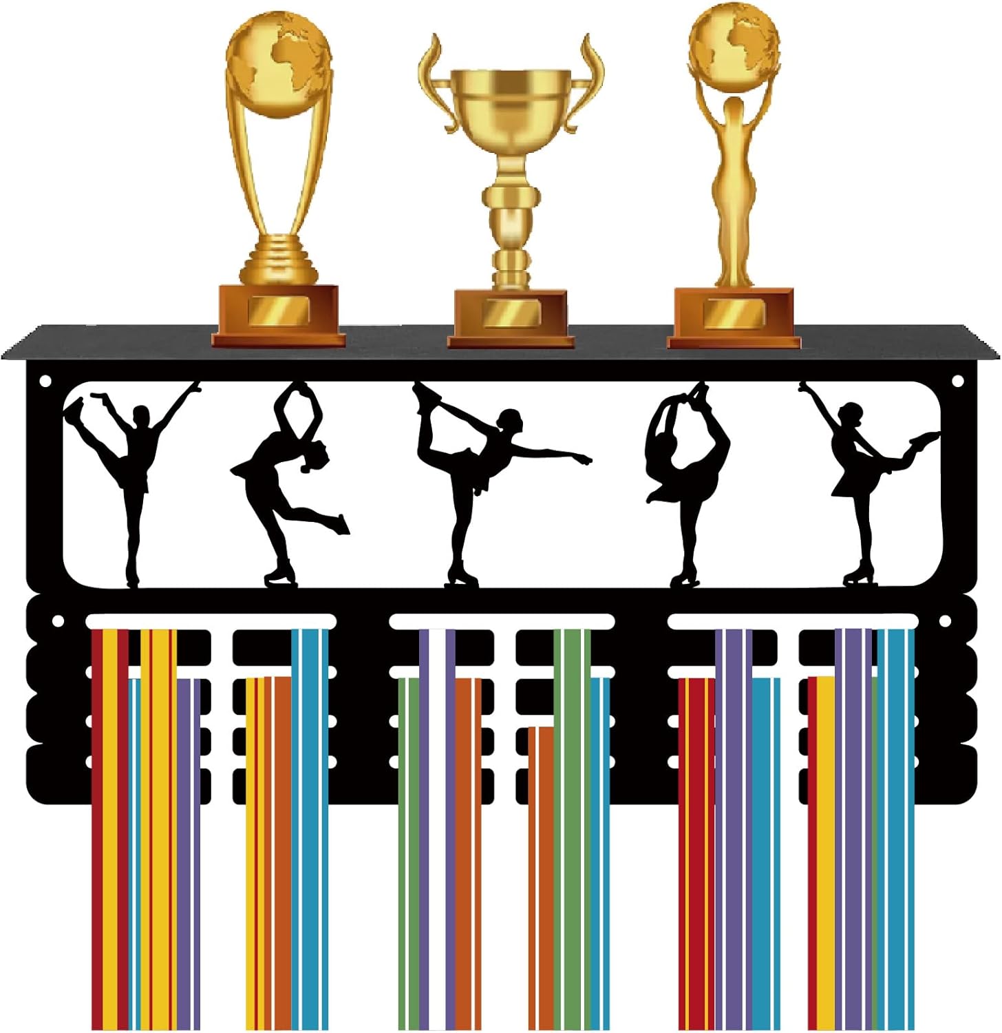 CREATCABIN Figure Skating Medal Hanger Display Trophy Shelf Ice Skating Medal Holder with Shelf Stand Sports 4 Rows Metal Hanging Wall Mount Hold 70+ Medals for Competition Ribbon Medals 15.7x7.9Inch