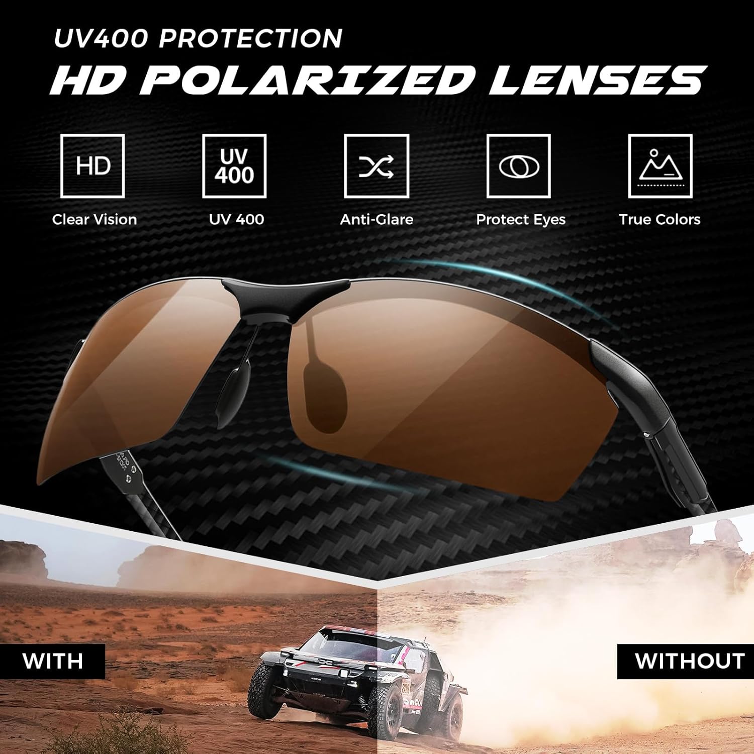 SUNGAIT Carbon Fiber Sunglasses Men Sports Rimless Polarized Shades for Driving Fishing Running Gifts Eye Protection