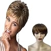 Short Natural Wavy Wig Synthetic Hair Replacement Wig Layered Pixie Cut Wigs with Bangs for Women Lady Daily Party Cosplay Wear (Dark brown mixed Strawberry Blonde)