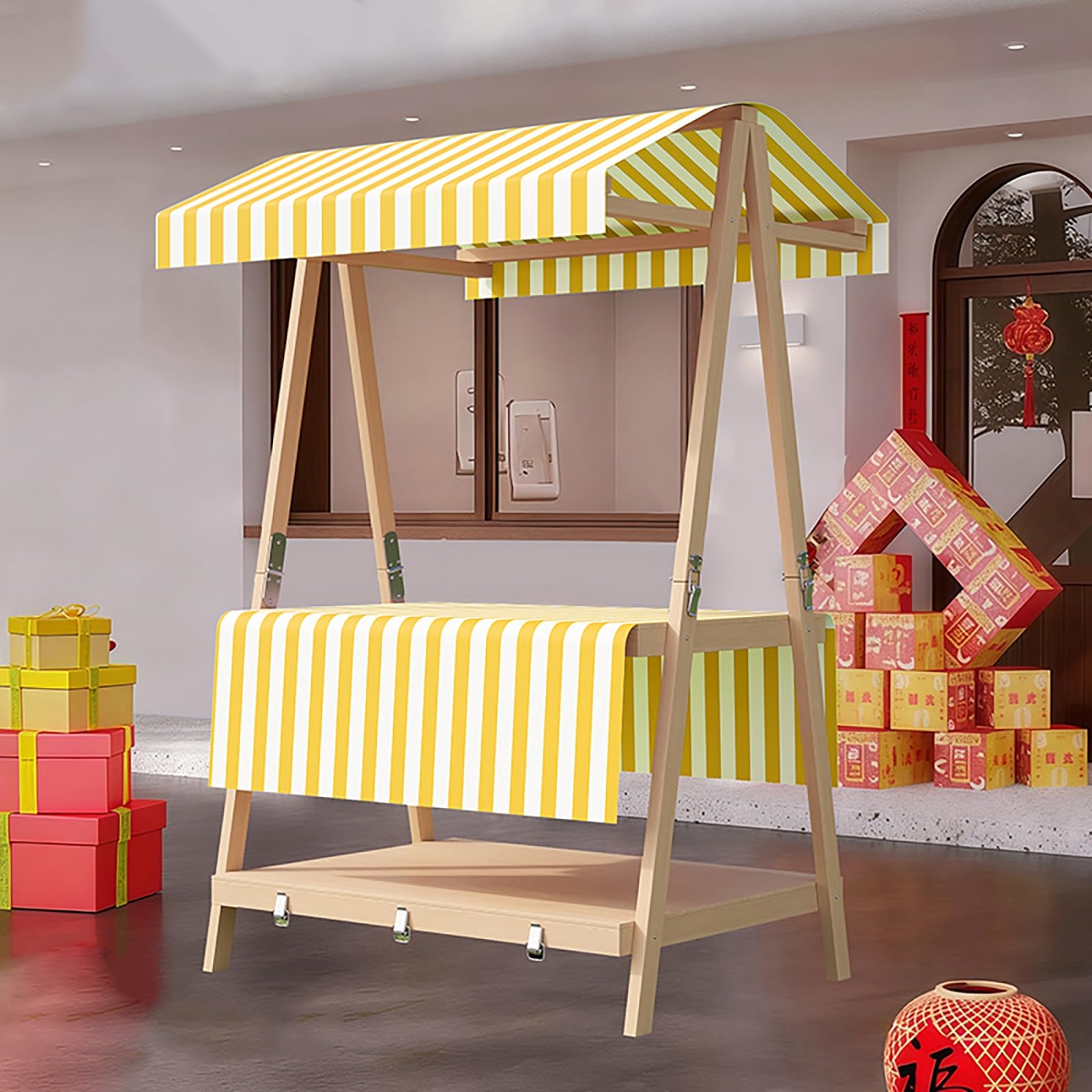 Carrello pieghevole portatile con tettoia, carrello distributore a 2 livelli e display per chioschi per cibo di strada e mercati, giallo A, 140 cm / 55in, ideale per eventi all'aperto
