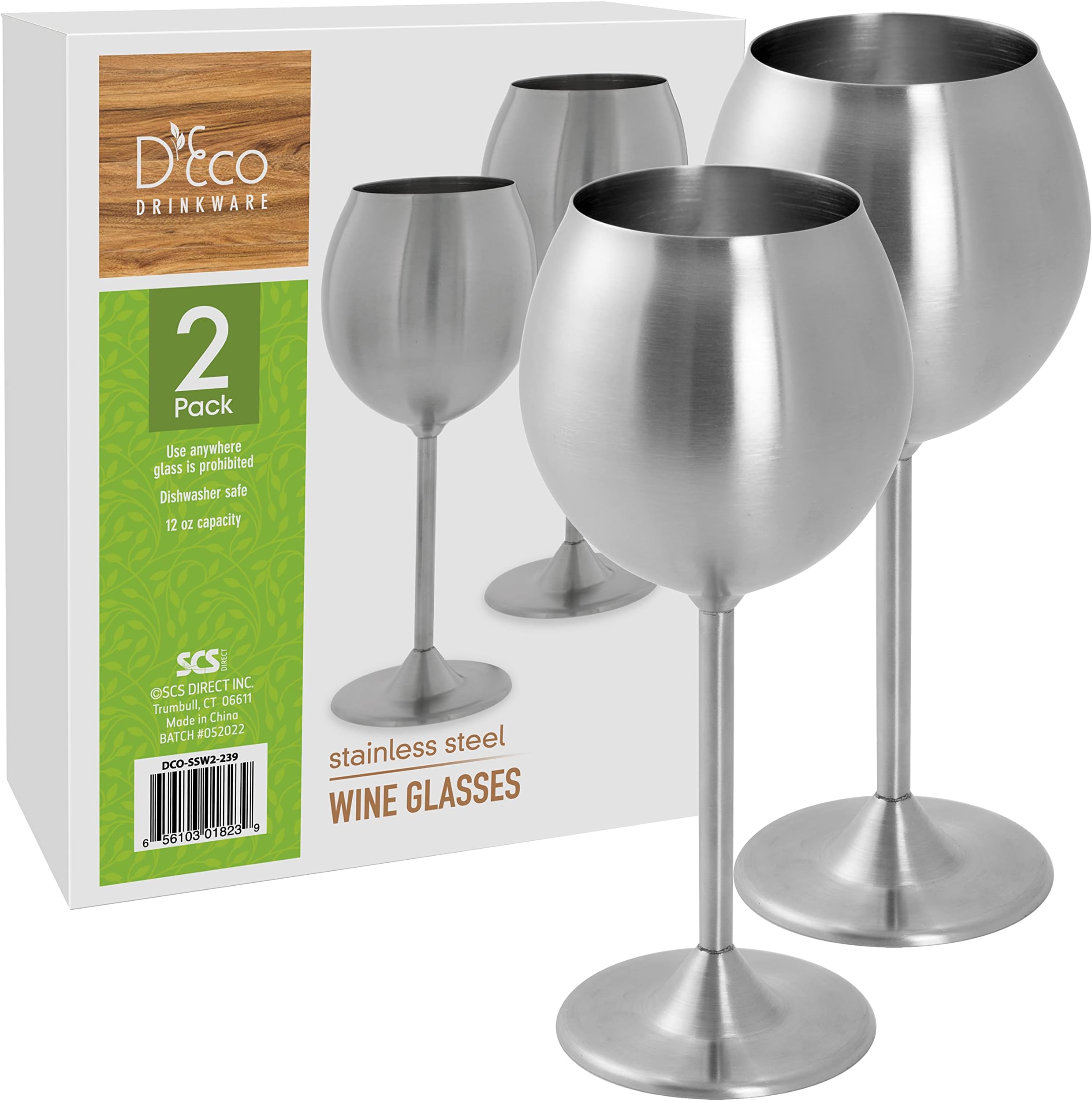 D'EcoUnbreakable 12 Oz Stainless Steel Wine Glasses (2 Pack)- Large Stemmed Matte Silver Wine Goblets - Reusable Indoor Outdoor Drinkware - Keeps Wine Chilled for Longer - Wedding Gift Idea