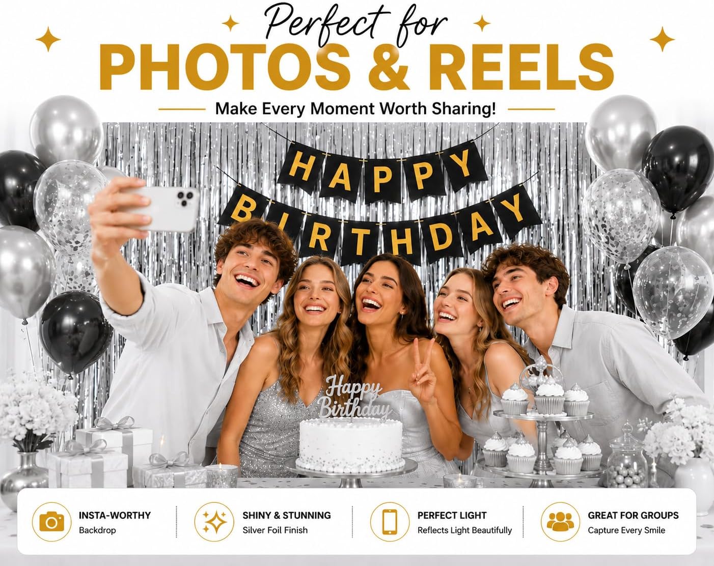 Silver Backdrop 2 Pack, Tinsel Backdrop 3x9FT with Birthday Banner, Silver Tinsel Foil Fringe Curtain for Birthday Party Decorations, Photo Booth Props, Party Supplies