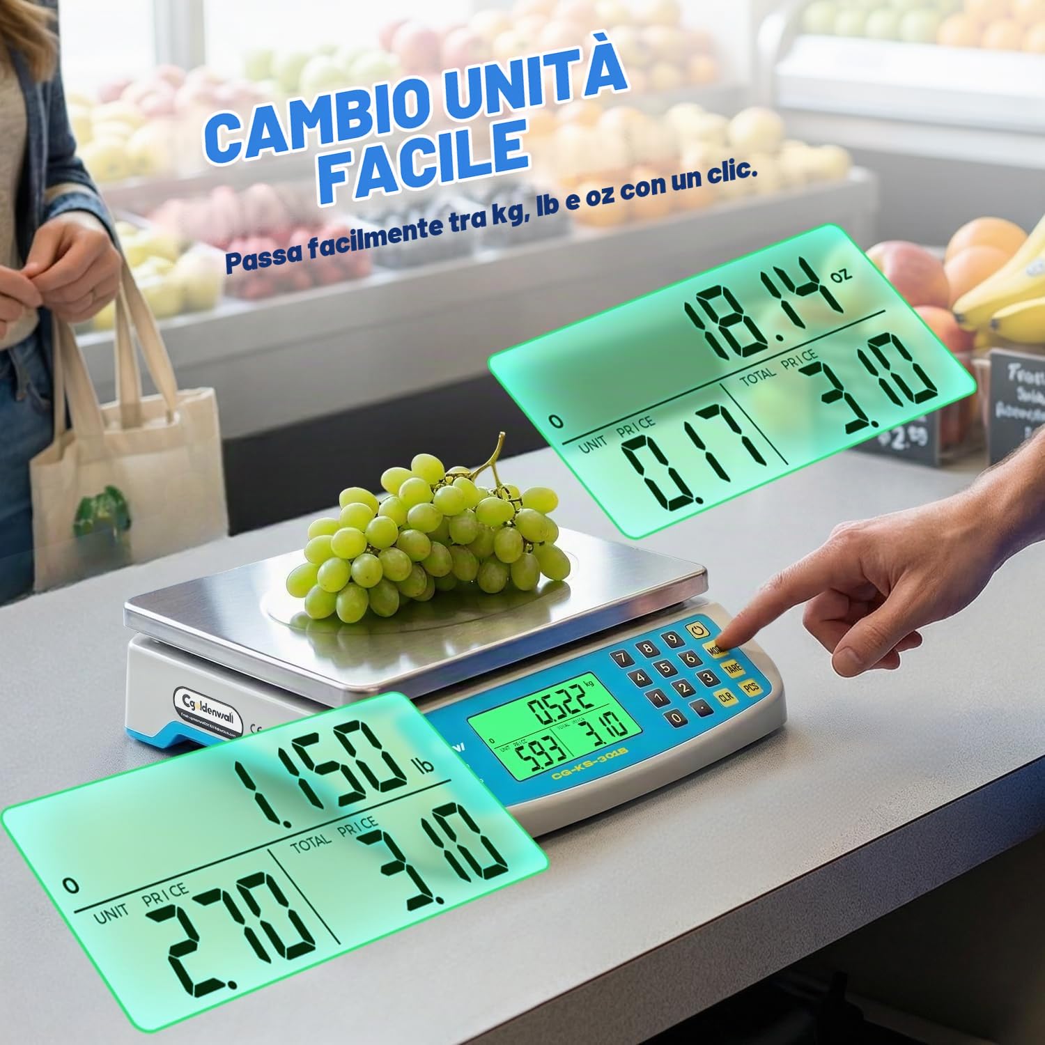 CGOLDENWALL Bilancia Cucina Digitale 30kg/1g, Bilancia Professionale con Calcolo Prezzi, Piatto Inox Grande, Display LCD, Conversione KG/LB/OZ e Doppia Alimentazione, per Ristorante, Pasticceria, Casa