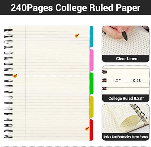Miniatura 3 de EUSOAR Cuaderno de espiral de 5 materias, 3 piezas B5 de 7.3 x 10.2 pulgadas, bloc de escritura con rayas universitarias, tapa dura gruesa, 100 GSM,