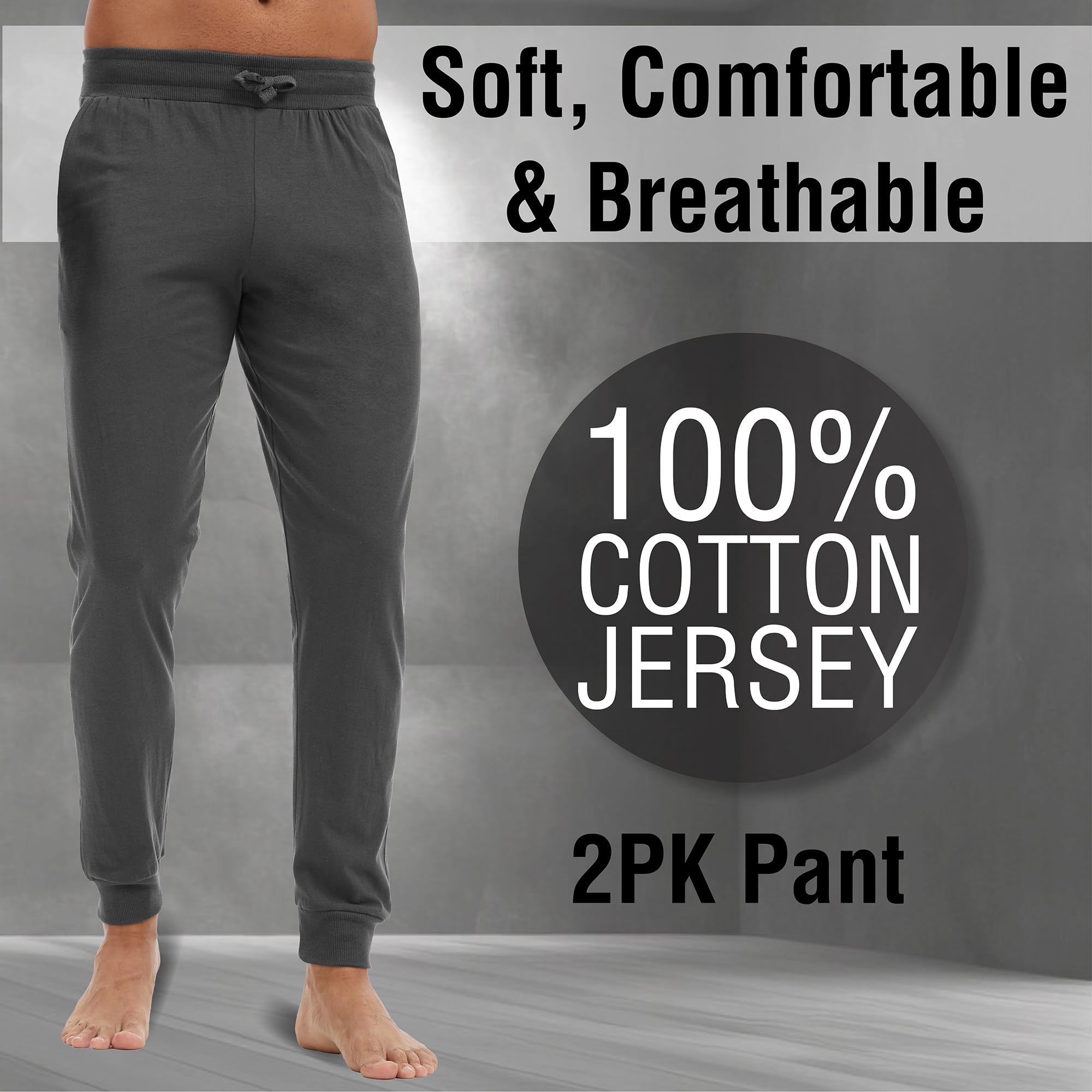 The Essentials Wardrobe Pantaloni da salotto da uomo, confezione da 2 pezzi, 100% jersey di cotone, morbidi e traspiranti, con polsini elasticizzati a costine, coulisse, tasche laterali, pigiama