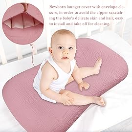 Hooyax Muslin Baby Lounger Cover 2 Pack, Organic Removable Lounger Slipcover for Newborn, Baby Padded Lounger Infant Floor Seat Covers for Boys Girls (Flesh Pink & Floral)
