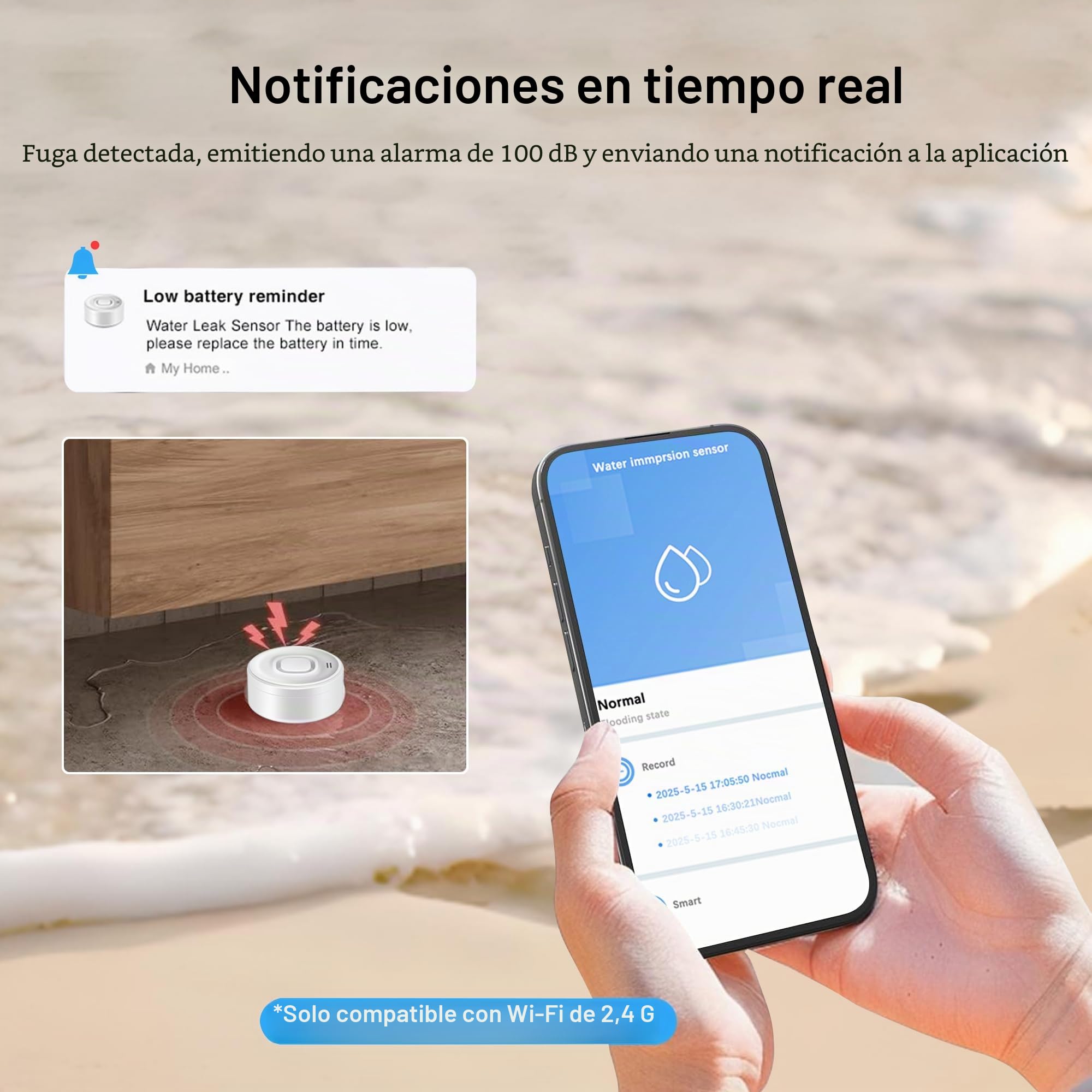 Detector de Fugas de Agua WiFi: Alarma Inteligente con Sensor de Agua, Alarma Ajustable de 100 dB y notificaciones de Aplicaciones para cocinas, sótanos, baños, 3 detectores y 1 estación Base