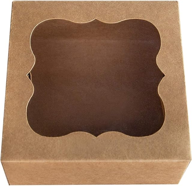 [25pcs]ONE MORE 6"x6"x3"Brown Bakery Boxes with PVC Window for Pie and Cookies Boxes Small Natural Craft Paper Box 6x6x3inch,Pack of 25