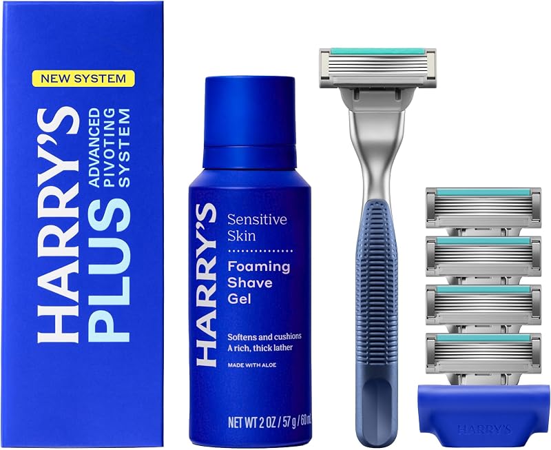 Plus Kit de afeitado para hombres - Mango premium, 5 cartuchos de cuchillas de afeitar | Incluye gel de afeitar espumoso y funda para cuchilla de viaje - Elementos básicos de viaje aprobados por la TSA - Sistema de giro avanzado - Tide