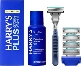 PLUS: Shaving Kit for Men - Premium Handle, 5 Razor Blade Cartridges, Foaming Shave Gel, and Travel Blade Cover - Advanced Pivoting System - Tide