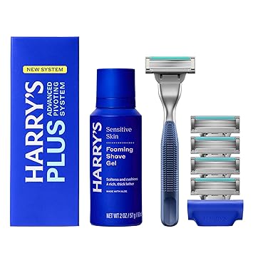 HARRY'S PLUS: Starter Shaving Kit for Men - Premium Handle, 5 Razor Blade Cartridges, 2 oz Foaming Shave Gel & Travel Cover, Advanced Pivoting System - Tide