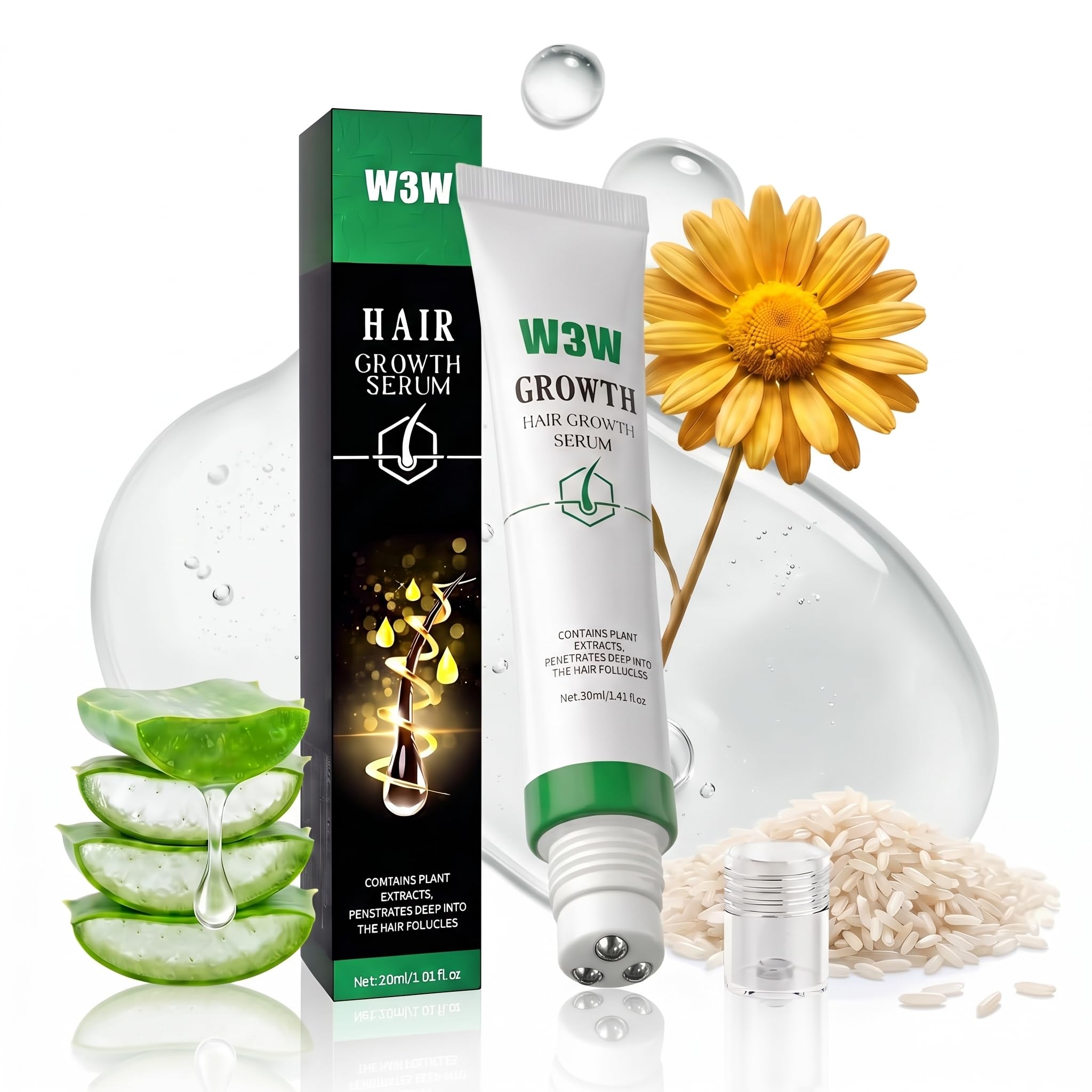 W3W 30ml Herbal Hair Growth Serum for Thinning Hair 3-Roller Ball Applicato
