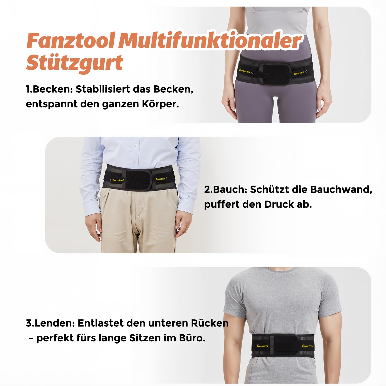 FANZTOOL Ceinture de soutien dorsal avec angle préformé à 80°, soutien lombaire respirant, ergonomique, flexible – Particulièrement adaptée pour les tours de ventre plus forts, agréable à porter