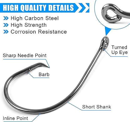 Miniatura 2 de Anzuelos circulares de pesca para agua salada, 50150 piezas de ganchos circulares en línea, ganchos circulares de acero de alto carbono, de ojo