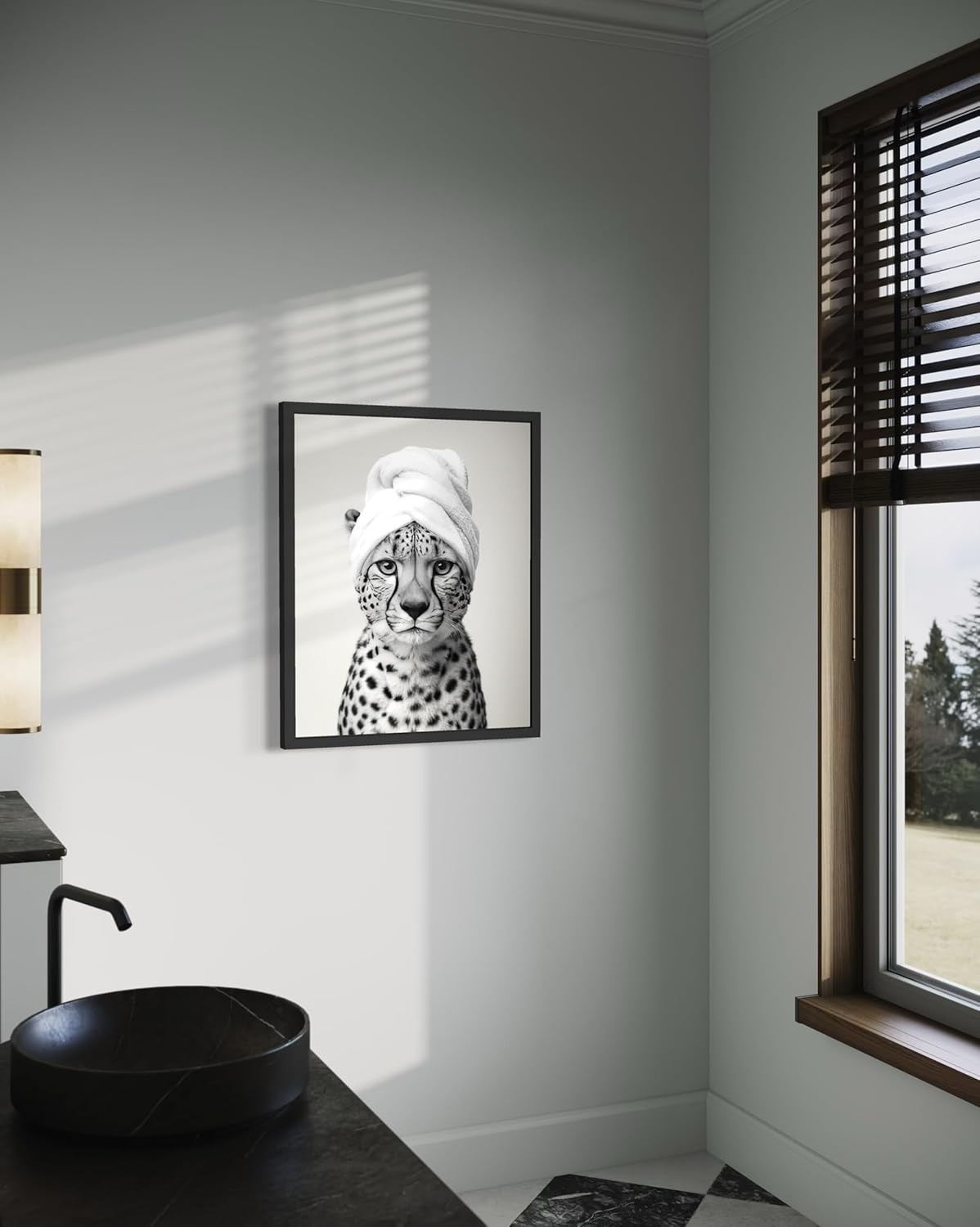 Cheetah and Shower Towel Poster Framed Art Print, Animal Funny Humor Restroom Painting Wildlife Bathroom Bath Shower Wall Art Decor Nature A8 (Cheetah and Shower Towel, 14" L x 11" W, Black Frame)