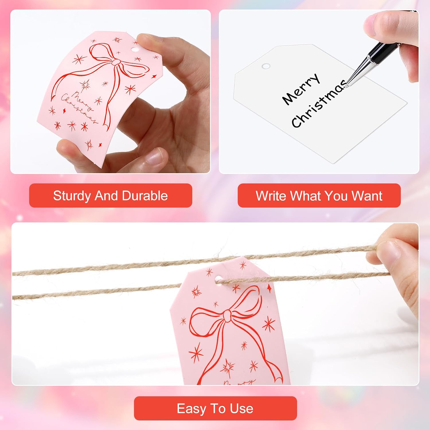 Whaline 100Pcs Christmas Paper Gift Tags Pink Red Bow Hanging Name Tag with Hemp Rope Coquette Label Tags for Holidays Party Favor Decoration Supplies image 4