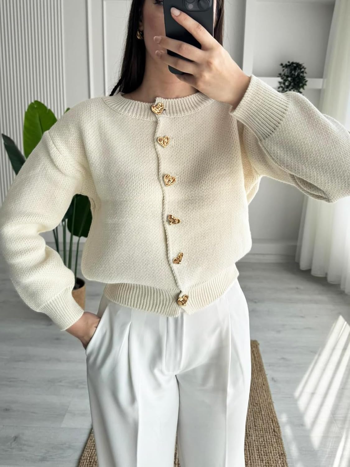 Women’s Knit Cardigan Sweater with Heart Buttons, Casual Button Down Knitwear Long Sleeve Cropped Cardigan for Fall Winter - Image 2