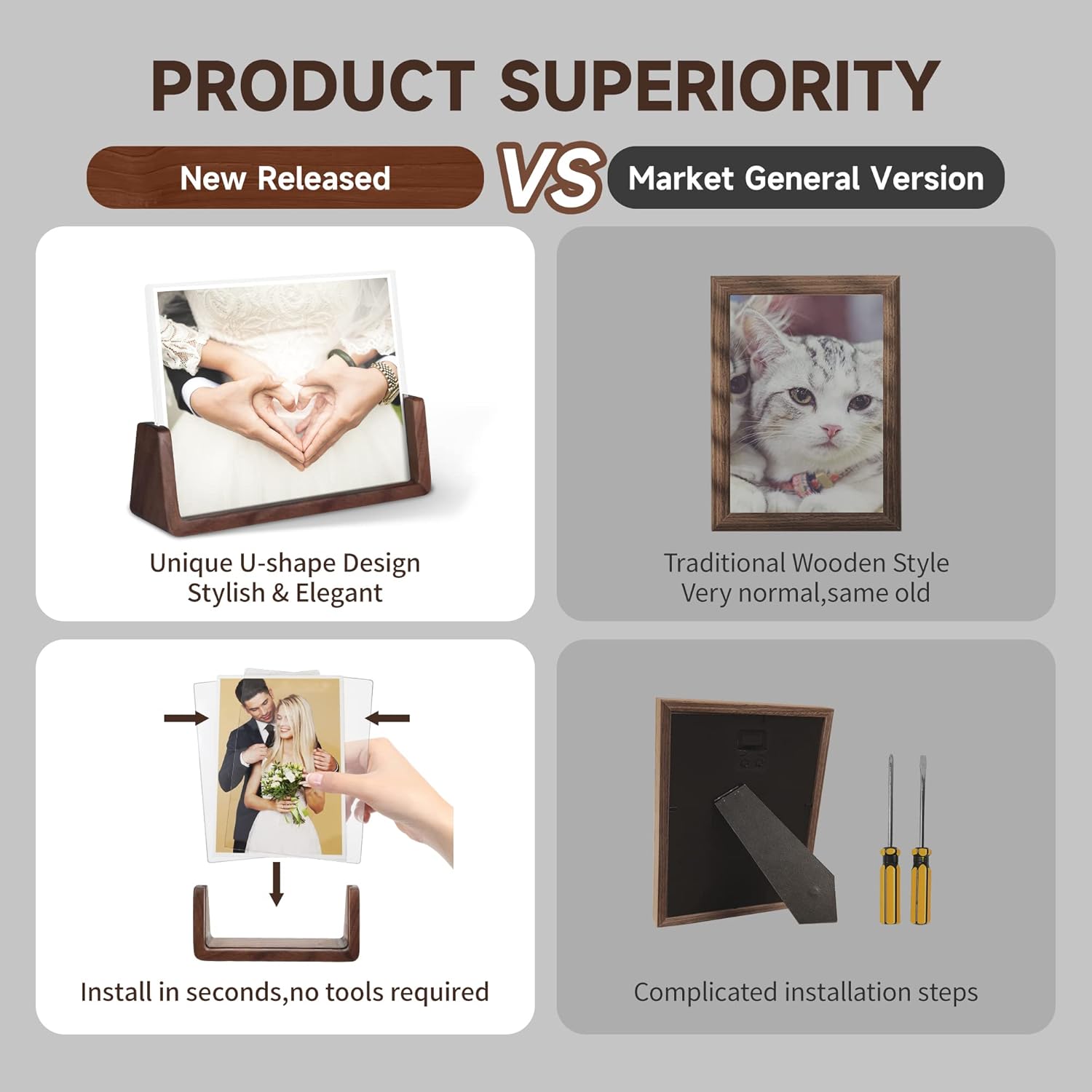 5x7 picture frames, Solid Rustic Wooden Photo Frames with Walnut Wood Base and High Definition Acrylic Glass Covers - 4 Pack for Tabletop or Desktop Display (5x7 inch, 4 Pack)