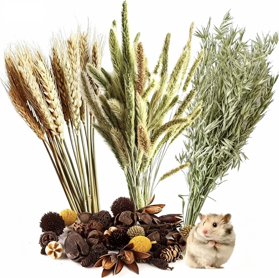 40-50 PCS Natural Hamster Bedding, Flowers & Herbs & Sprays for Cage Habitat Décor, Treat Cereal Grain for Dwarf Syrian Gerbils, Mice, Rat, Forage, Enrichment (A)