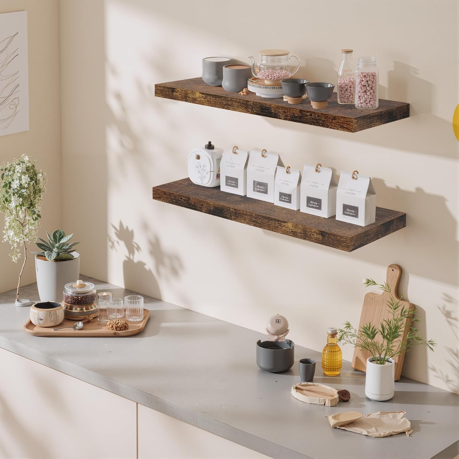 FurnitureR Wooden Floating Wall Shelves, Decorative Wall Storage Rack, Rustic Wall Mounted Display Ledge for Bedroom, Living Room, Bathroom, Kitchen, and Entryway, 23.62 Inch Wide, Set of 2, Brown