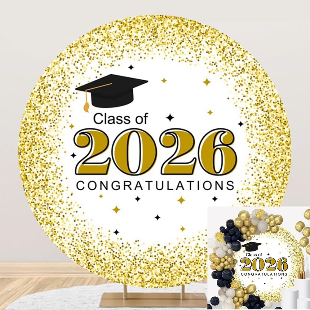 Leyiyi 7.2x7.2ft Class of 2026 Round Backdrop Gold Dots White and Gold Congratulations Photography Background Congrats Grad Circle Backdrop Cover