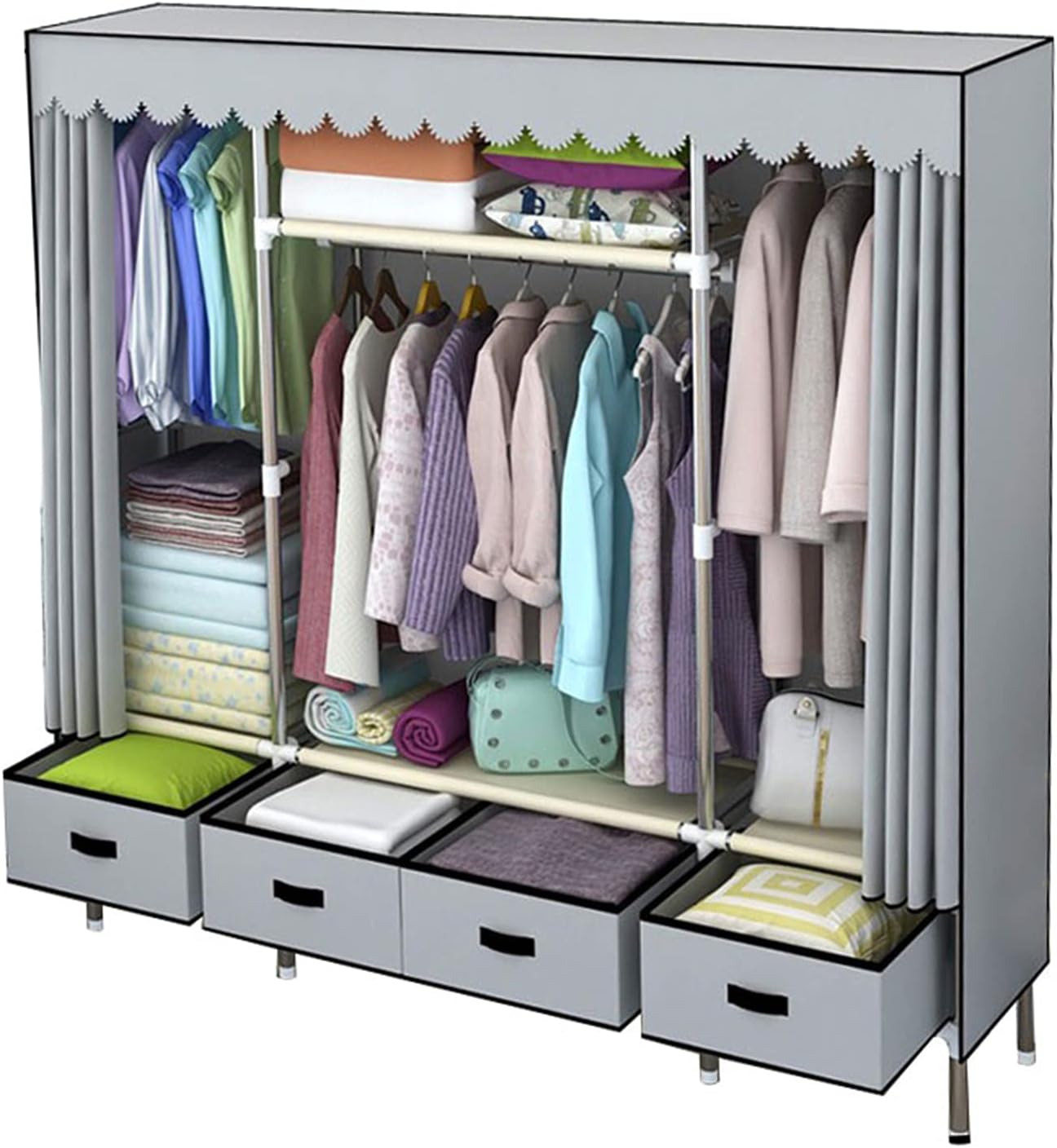 Single Wardrobe,Bedroom Metal Wardrobe Suspension Clothes Rail Storage Box with Drawer Assembly Fabric Wardrobe 160 * 110 * 45CM(Size:168 * 140 * 45CM,Color:Gray) (A 168 * 70 * 45CM)