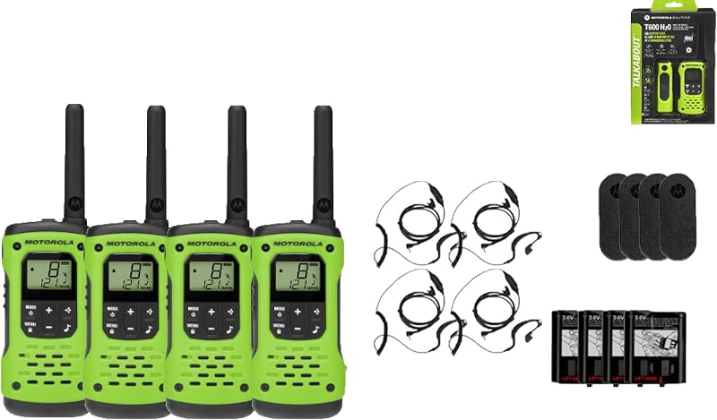 Motorola Solutions Radios portátiles FRS Talkabout T600 H2O de dos vías, paquete de 4, walkie talkies verdes impermeables con 4 auriculares PTT recargables