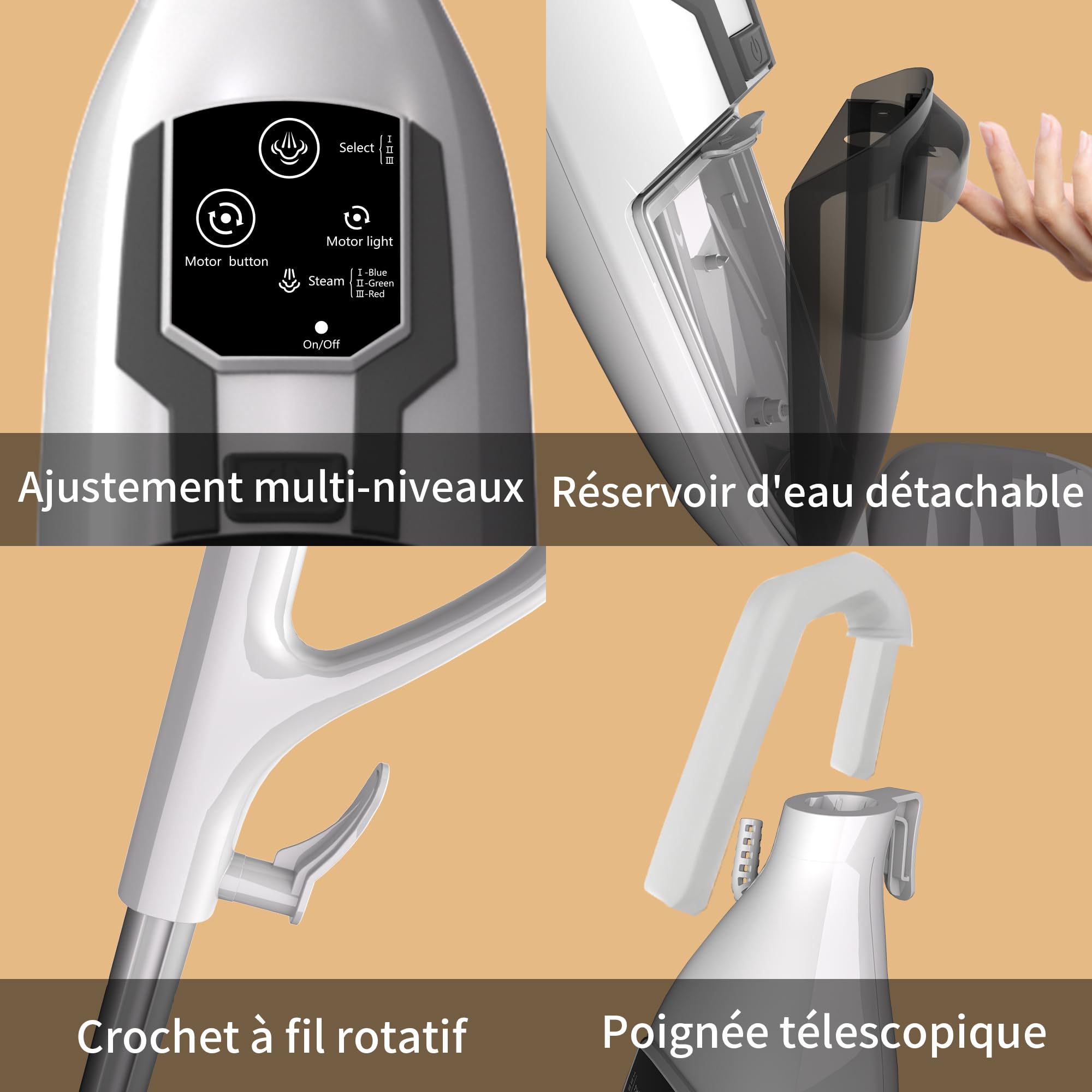 Balai à Vapeur pour sols durs, Nettoyage en Profondeur, 4 Tampons Lavables pour Bois, Bois, Stratifié, Vinyle, Carrelage, Marbre, Nettoyeur Vapeur Portable Multifonction