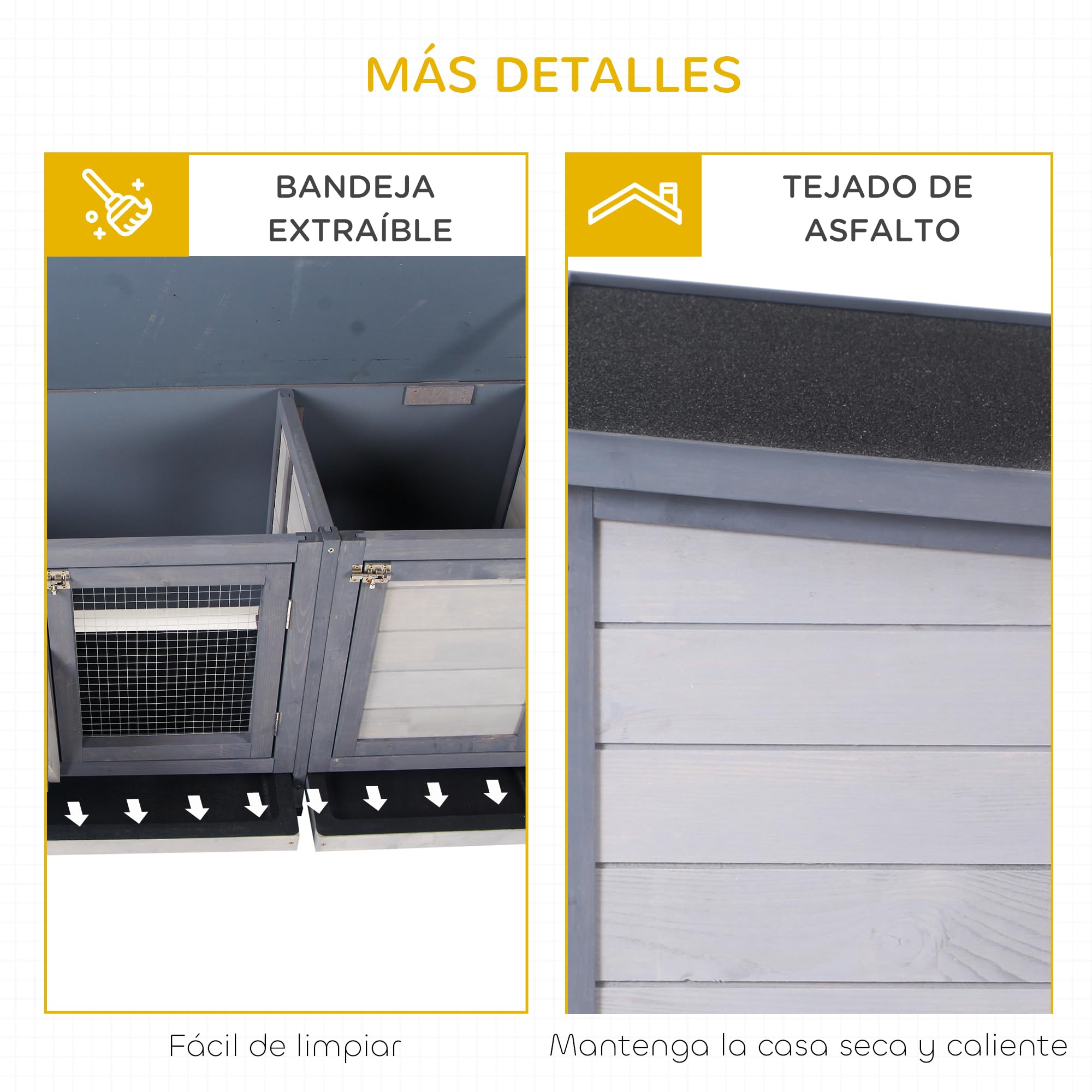 PawHut Conejera de Madera, Jaula para Conejos con Techo Asfáltico Abatible, Puertas con Pestillo, Bandejas Extraíbles y Comedero, Conejera para Exterior, 112x50x54 cm, Gris