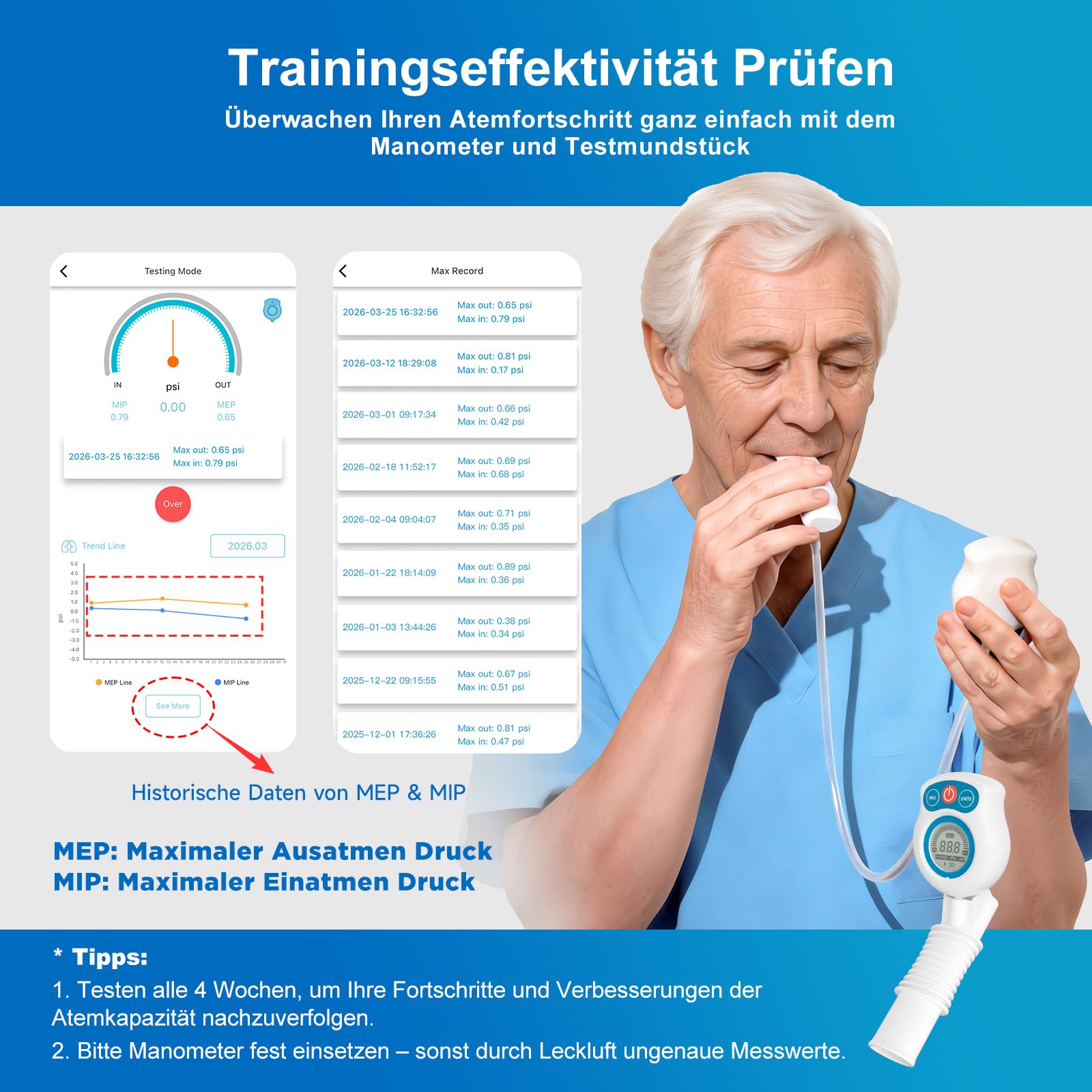 Lungentrainer mit App, MEP & MIP, Spielerisch Training, 6 Widerstandsstufen | Reiseetui, Nasencli, Aufzeichnung mit Datum, 3 motivierende App-Spiele, MIP/MEP-Tracking, Testmundstück, Lunge Trainingsgerät