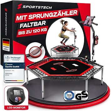 Sportstech HTX100 Trampolin, klappbar | Deutsche Qualitätsmarke | Fitness Trampolin mit Haltegriff | Indoor Jumping für Kinder und Erwachsene | TÜV/GS, Sprungzähler, APP