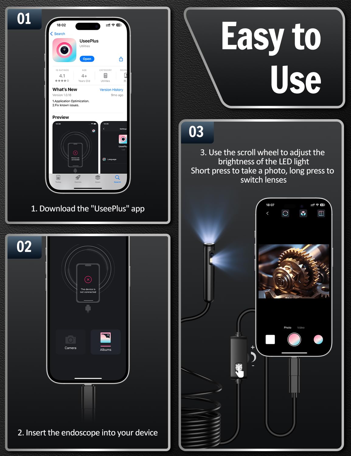 Caméra Endoscopique Double Objectif, 1920P HD Camera Inspection Canalisation avec 8+1 LEDs Réglables pour Compatible Android, iOS et tablettes, No WiFi Camera Câble Semi-Rigide(16,5 FT/5M)